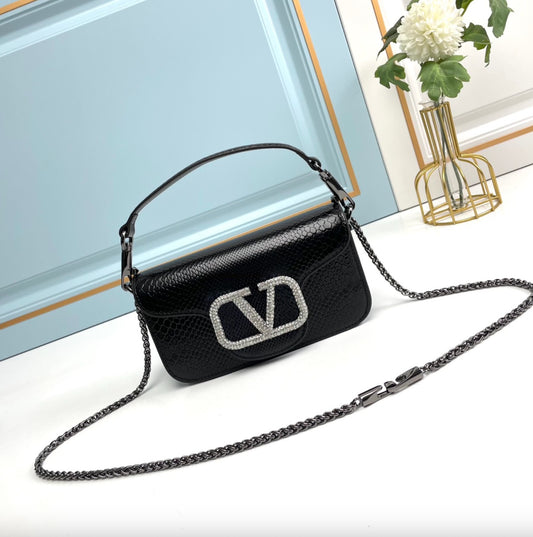 Valentino Garavani MINI LOCÒ Bag in Black Snake-Grain Leather with Diamond VLogo Signature