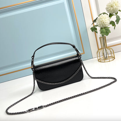 Valentino Garavani MINI LOCÒ Bag in Black Snake-Grain Leather with Diamond VLogo Signature